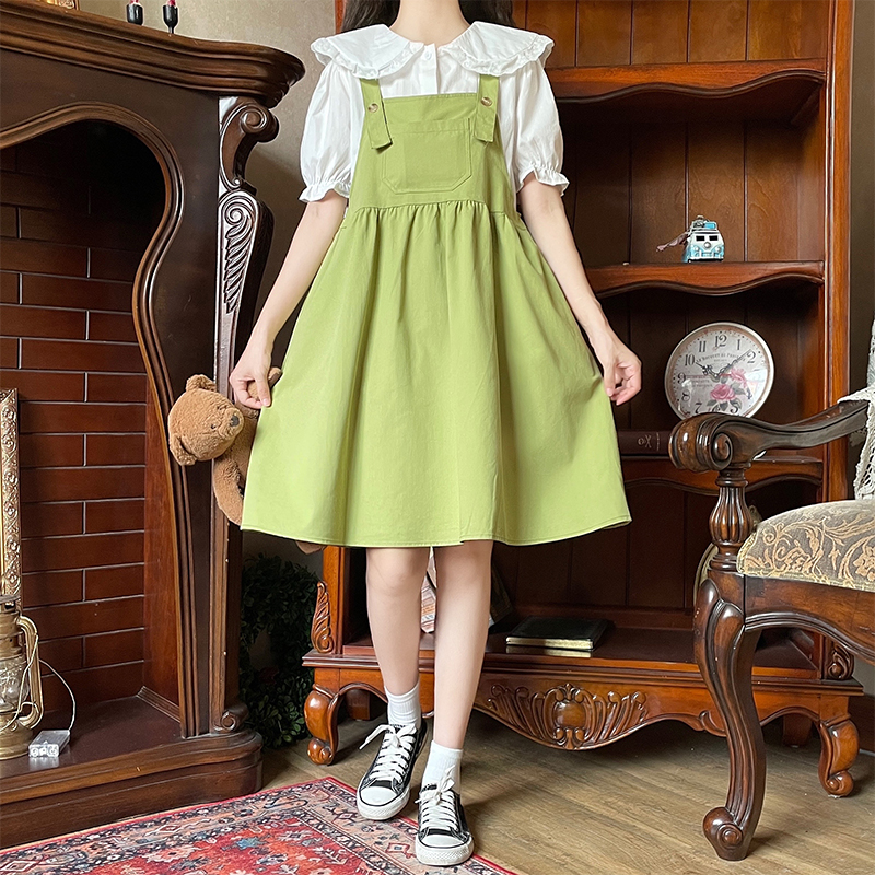 Green Milkmaid Pinafore Dress 2023 Two-Piece Japanese Sweet Set for Petite Women