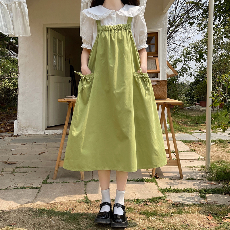 Green Two-Piece Pinafore Dress Set with White Shirt Japanese Sweet Style for Petite Women Summer Mori Girl - Image 2