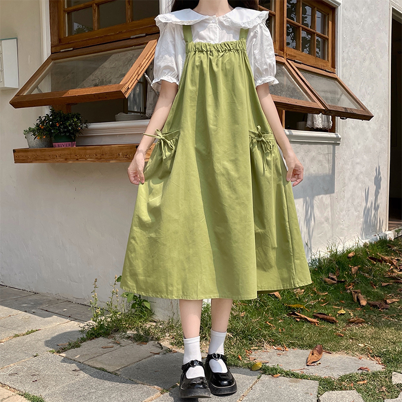 Green Two-Piece Pinafore Dress Set with White Shirt Japanese Sweet Style for Petite Women Summer Mori Girl - Image 4
