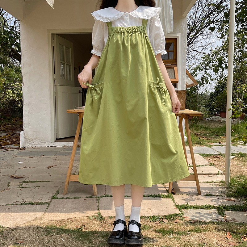 Green Two-Piece Pinafore Dress Set with White Shirt Japanese Sweet Style for Petite Women Summer Mori Girl - Image 3