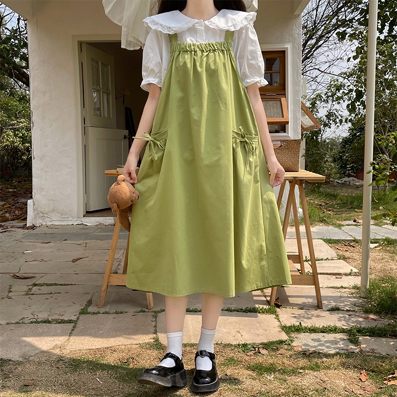 Green Two-Piece Pinafore Dress Set with White Shirt Japanese Sweet Style for Petite Women Summer Mori Girl