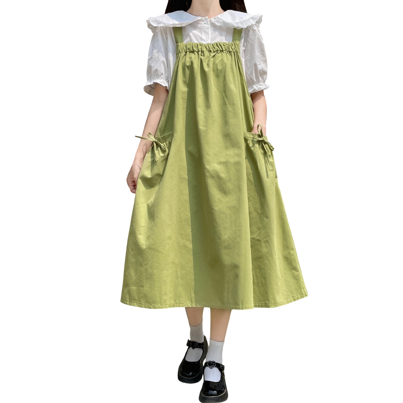 Green Two-Piece Pinafore Dress Set with White Shirt Japanese Sweet Style for Petite Women Summer Mori Girl - Image 5
