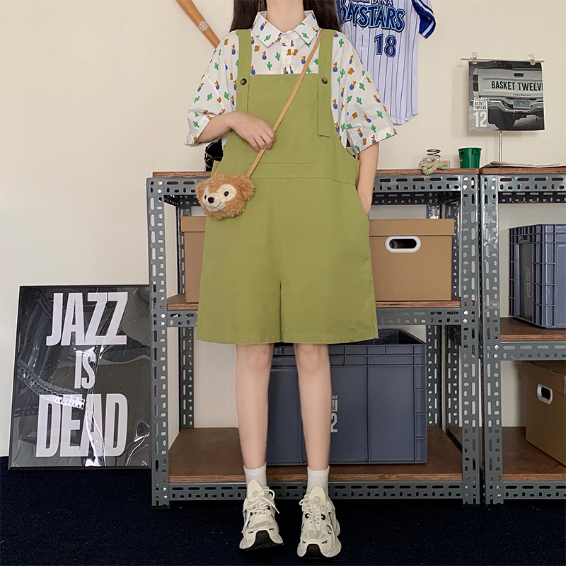 Japanese Retro Overall Shorts Set Summer New Academy Style Age-Reducing Loose Slimming Drawstring Overalls