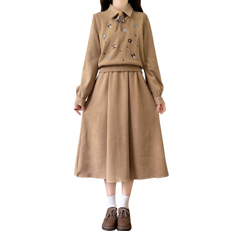 French Style Dress and Cat Embroidery Knit Vest Set - Image 5