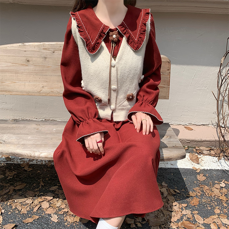 Red Dress and Knit Vest Two-Piece Set for Women Autumn 2023 Doll Collar Ruffle Embroidery - Image 3