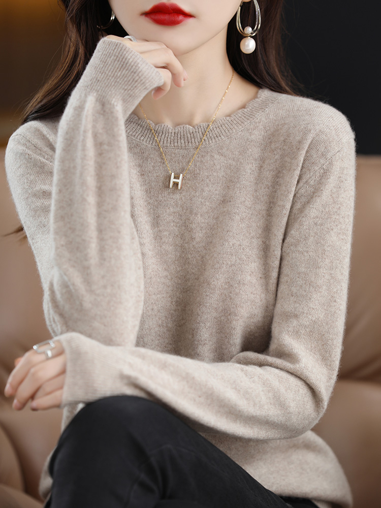 Women's Soft Lace Trim Round Neck Knit Top Long Sleeve Loose Fit Fall Winter Pullover