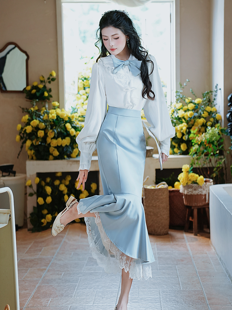 Ruffled Moonlight White Shirt and Mermaid Skirt Set