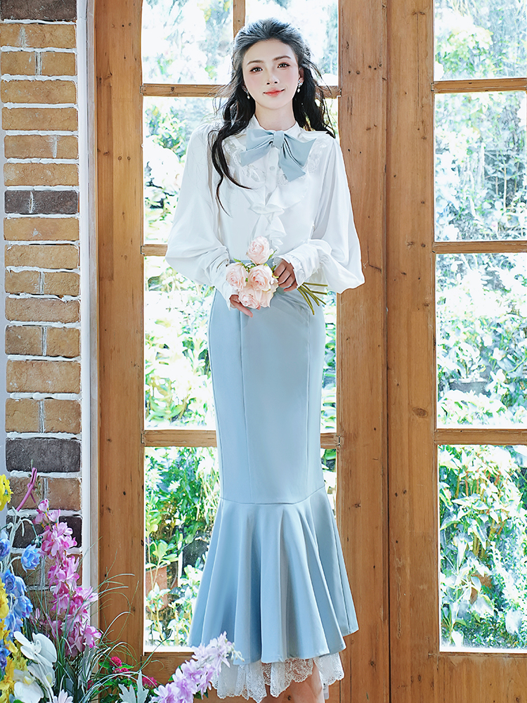 Ruffled Moonlight White Shirt and Mermaid Skirt Set - Image 3