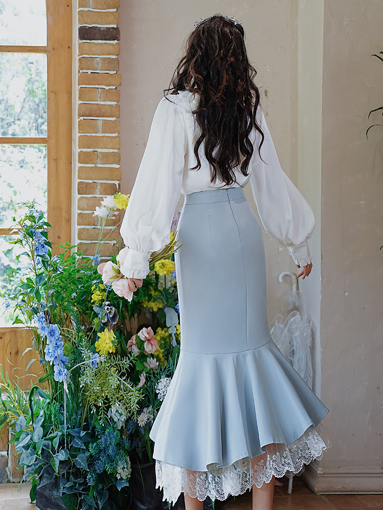 Ruffled Moonlight White Shirt and Mermaid Skirt Set - Image 4