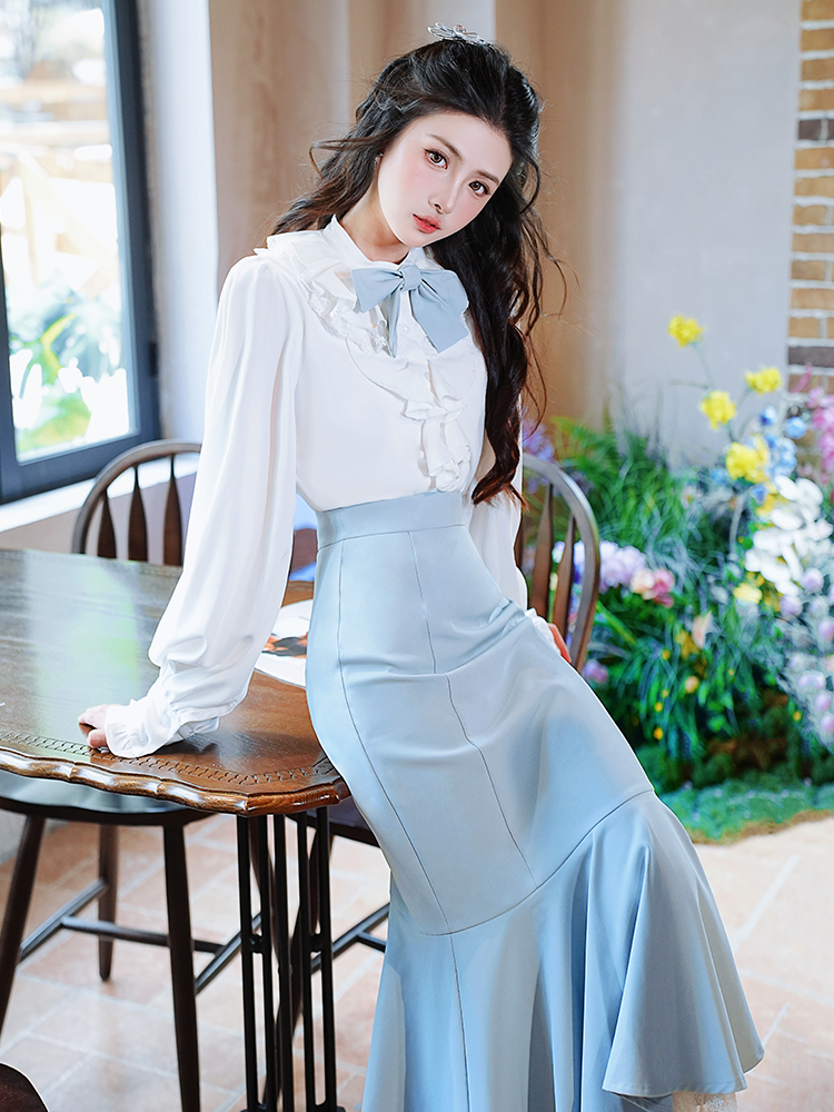 Ruffled Moonlight White Shirt and Mermaid Skirt Set - Image 2