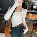 Square Neck Knit Top Women's New Autumn Winter Slim Fit Base Layer Gray Sweater