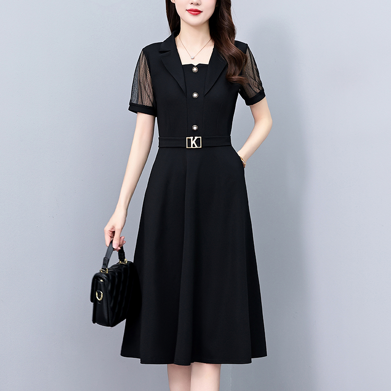 Plus Size Black Lace Short Sleeve Midi Dress for Women Summer Office Wear