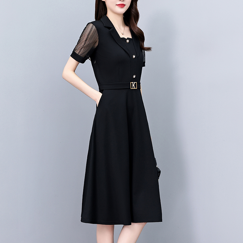 Plus Size Black Lace Short Sleeve Midi Dress for Women Summer Office Wear - Image 3