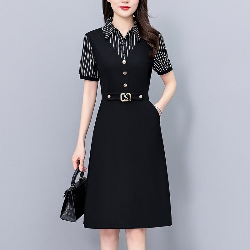 Plus Size Women's Striped Spliced Faux Two-Piece Short Sleeve Dress Summer New Style