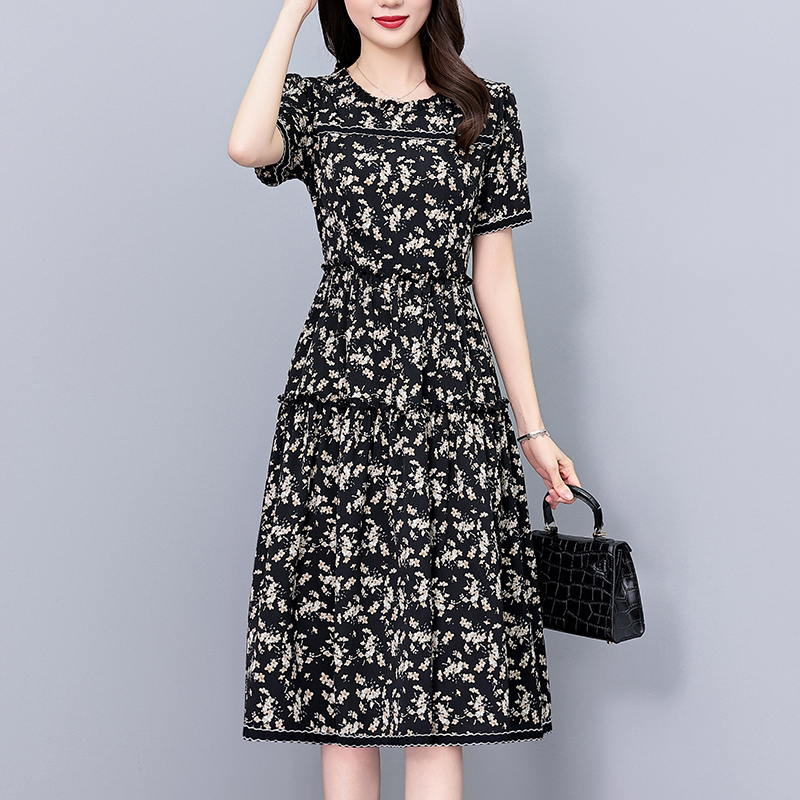 Plus Size Floral Midi Dress Short Sleeve Slim Fit Korean Commuter Summer 2025