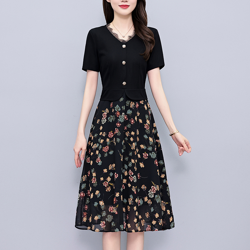 Plus Size A-Line Chiffon Print Short Sleeve Midi Dress Summer New