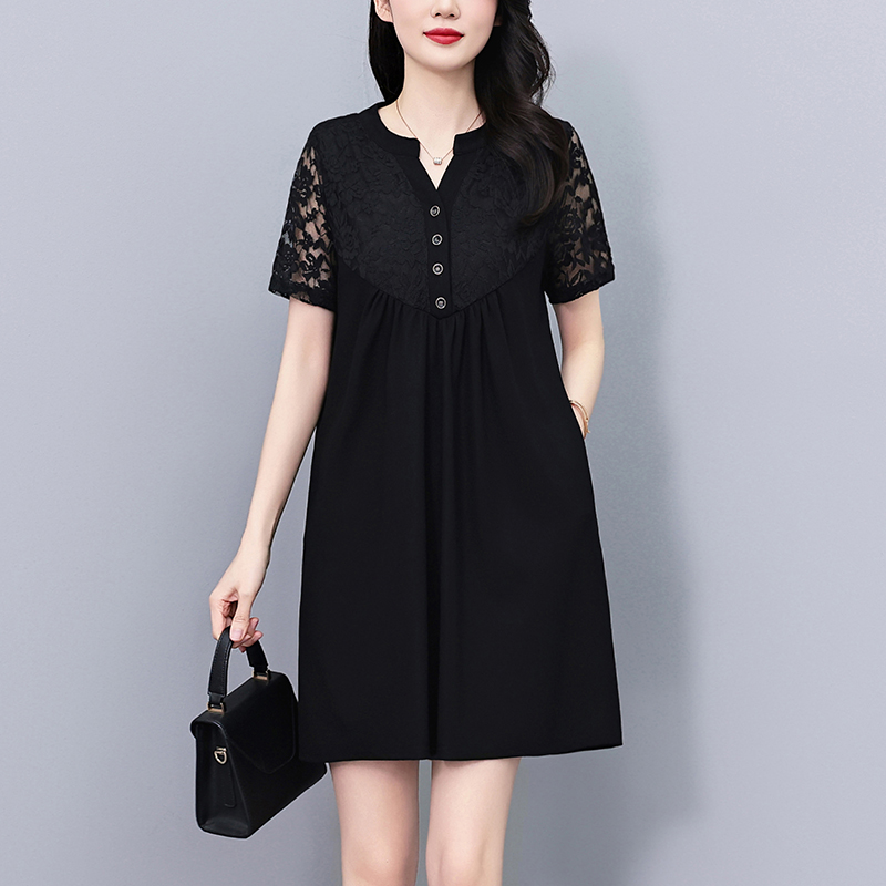 Plus Size Black Lace Hollow Out Short Sleeve A-Line Midi Dress Summer
