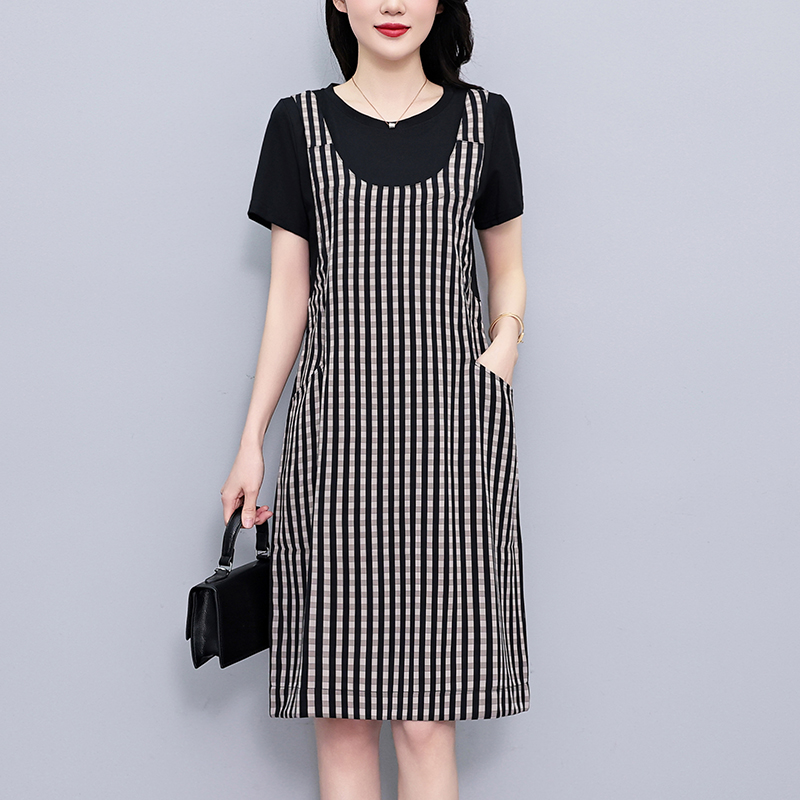 Plus Size Plaid Faux Two-Piece Short Sleeve A-Line Dress Summer