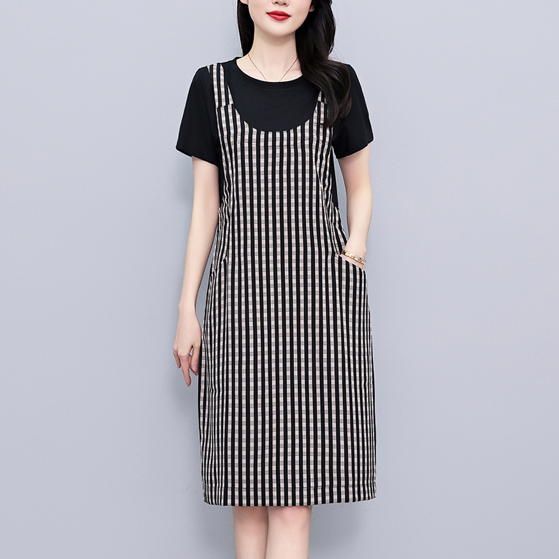 Plus Size Plaid Faux Two-Piece Short Sleeve A-Line Dress Summer - Image 2