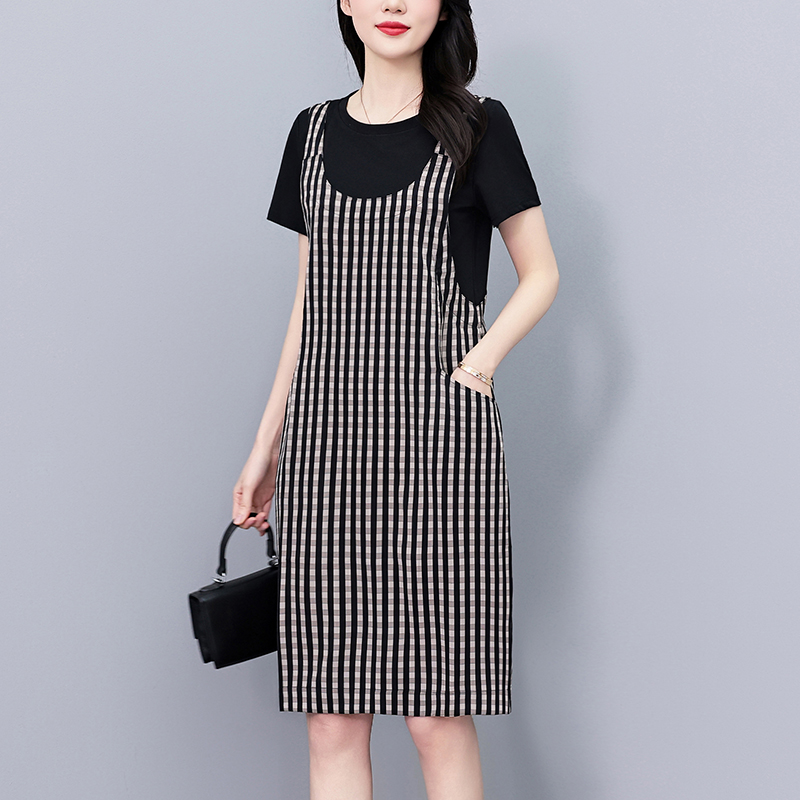 Plus Size Plaid Faux Two-Piece Short Sleeve A-Line Dress Summer - Image 3
