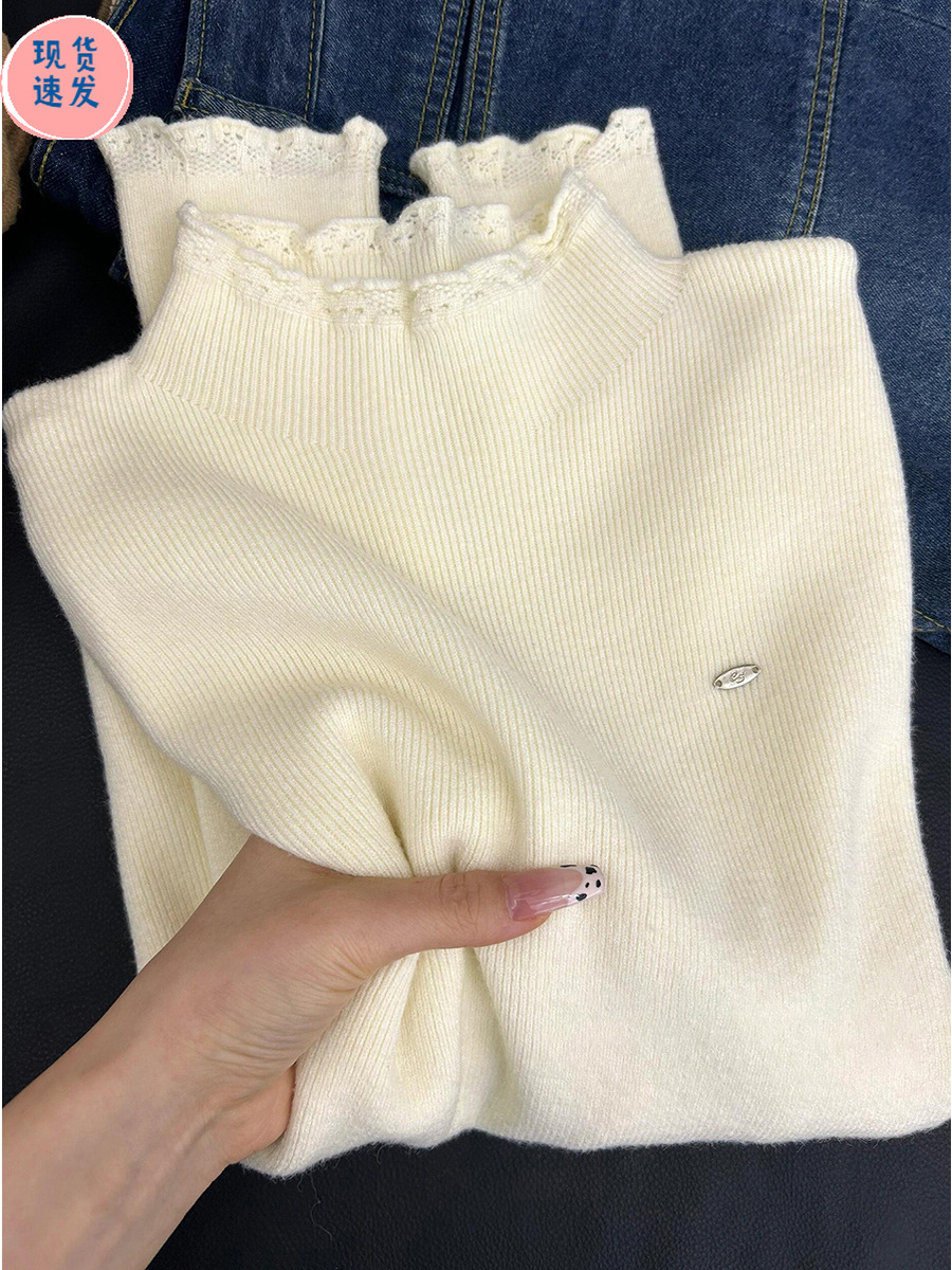 Women's French Style Ruffle Trim Half Turtleneck Knit Top Long Sleeve Pullover - Image 3