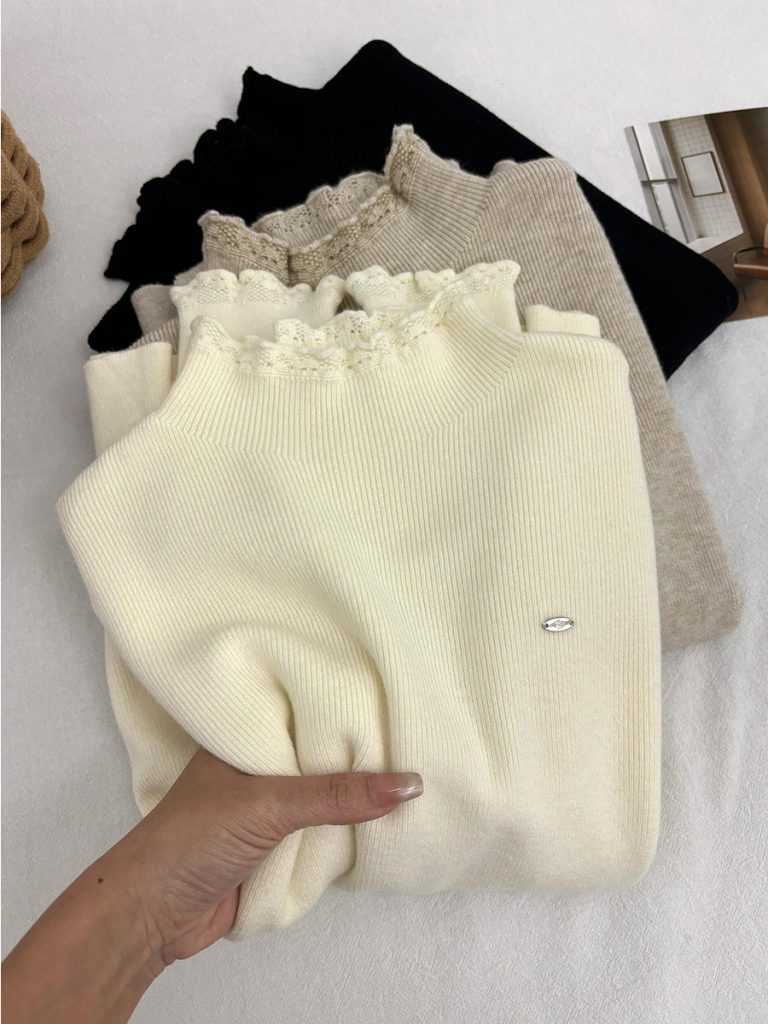 Women's French Style Ruffle Trim Half Turtleneck Knit Top Long Sleeve Pullover