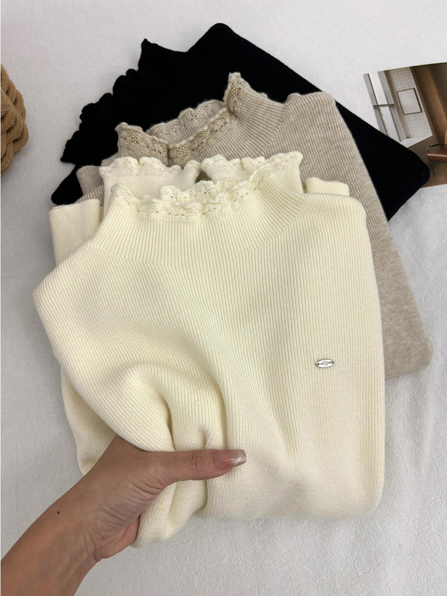 Women's French Style Ruffle Trim Half Turtleneck Knit Top Long Sleeve Pullover