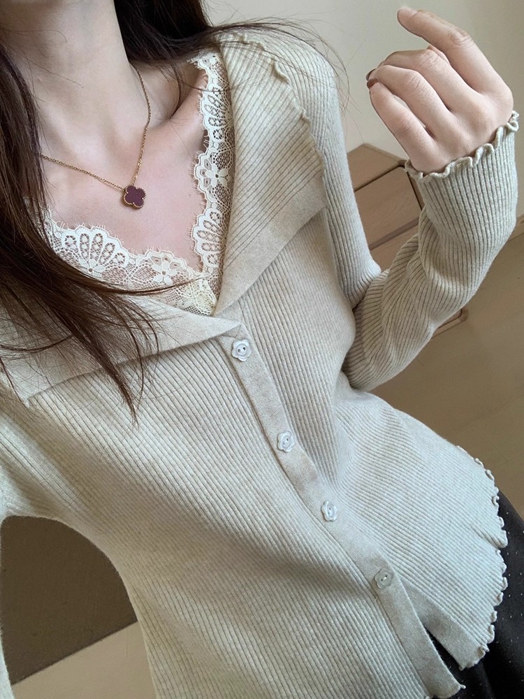 French Lace Panel V-Neck Irregular Wool Knit Sweater Winter New Women Slimming Base Layer