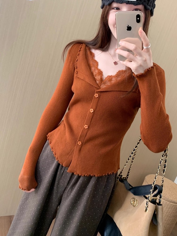 French Lace Panel V-Neck Irregular Wool Knit Sweater Winter New Women Slimming Base Layer - Image 2
