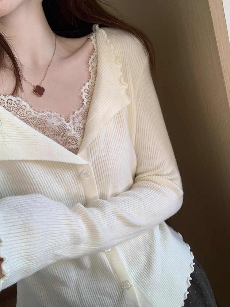 French Lace Panel V-Neck Irregular Wool Knit Sweater Winter New Women Slimming Base Layer - Image 3
