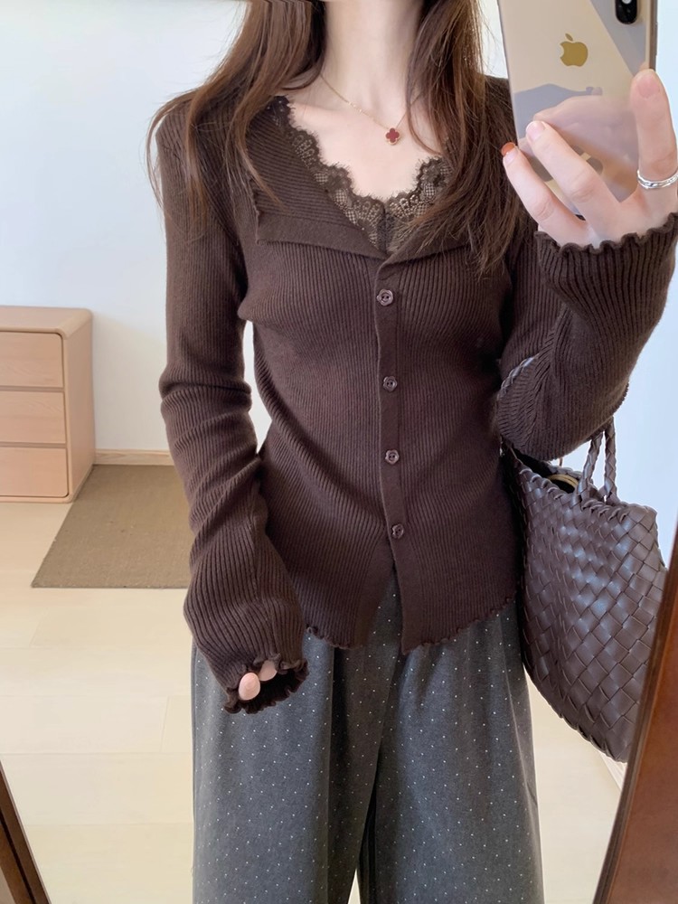 French Lace Panel V-Neck Irregular Wool Knit Sweater Winter New Women Slimming Base Layer - Image 4