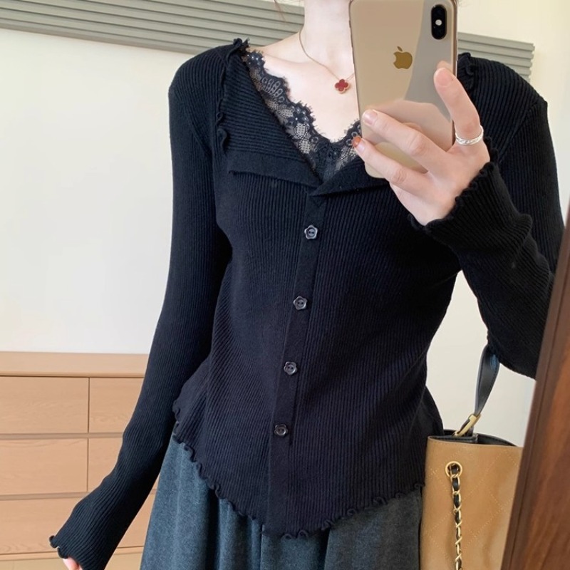 French Lace Panel V-Neck Irregular Wool Knit Sweater Winter New Women Slimming Base Layer - Image 5