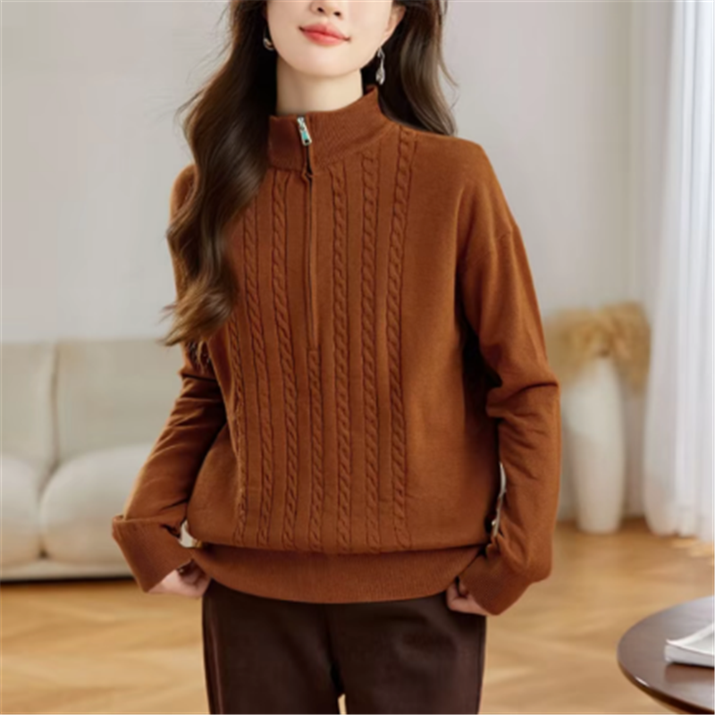Women's Twist Cable Knit Sweater Jacket Loose Fit Zip-Up Solid Cardigan