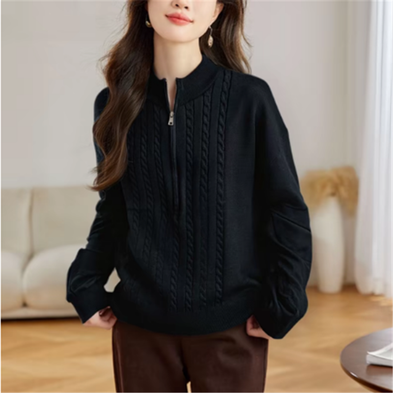 Women's Twist Cable Knit Sweater Jacket Loose Fit Zip-Up Solid Cardigan - Image 2