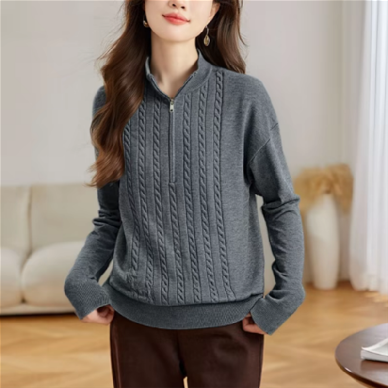 Women's Twist Cable Knit Sweater Jacket Loose Fit Zip-Up Solid Cardigan - Image 3