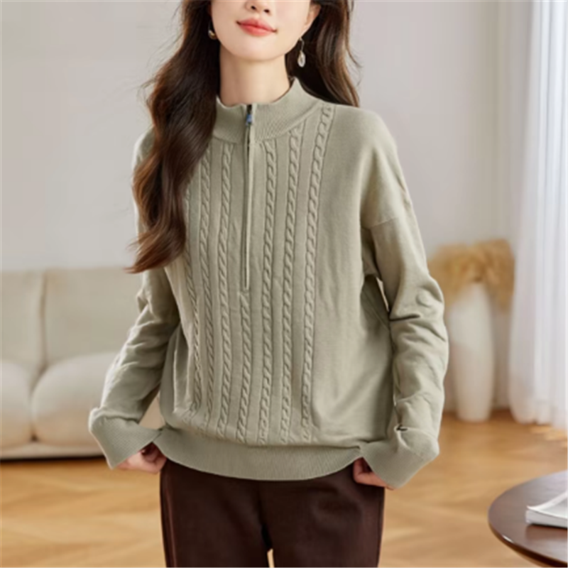 Women's Twist Cable Knit Sweater Jacket Loose Fit Zip-Up Solid Cardigan - Image 4