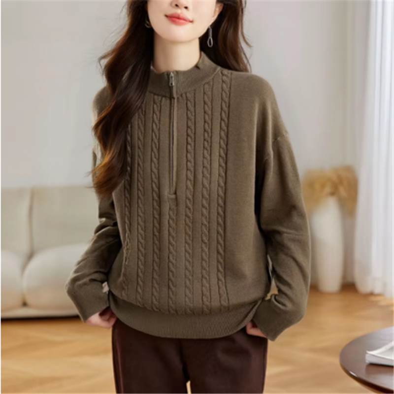 Women's Twist Cable Knit Sweater Jacket Loose Fit Zip-Up Solid Cardigan - Image 5