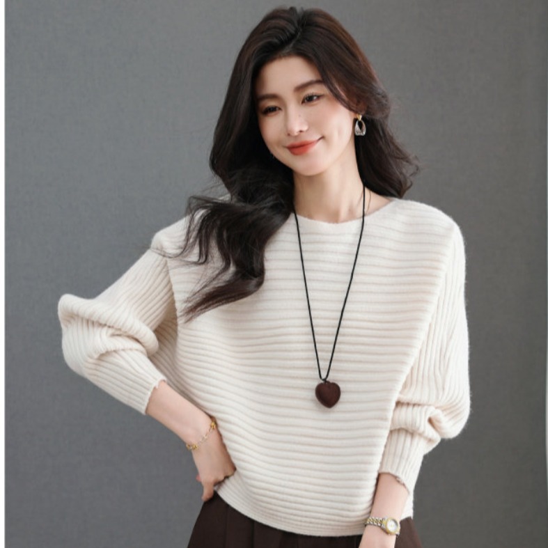 Women's Off-Shoulder Striped Long-Sleeve Knit Sweater Winter 2026