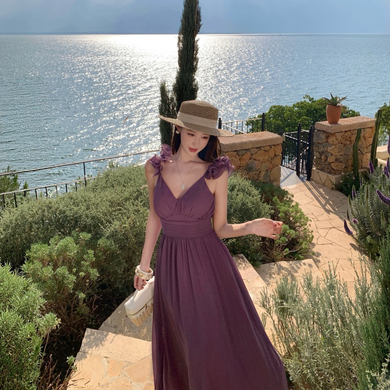 Women's Vacation Dress 2026 Spring French V-Neck Long Chiffon Backless Dress