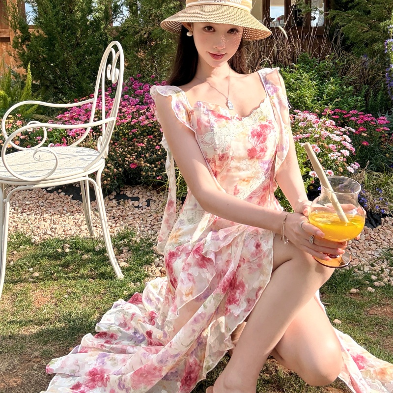 French Vacation Pink Oil Painting Floral Maxi Dress for Women Summer Sleeveless Chiffon Dress