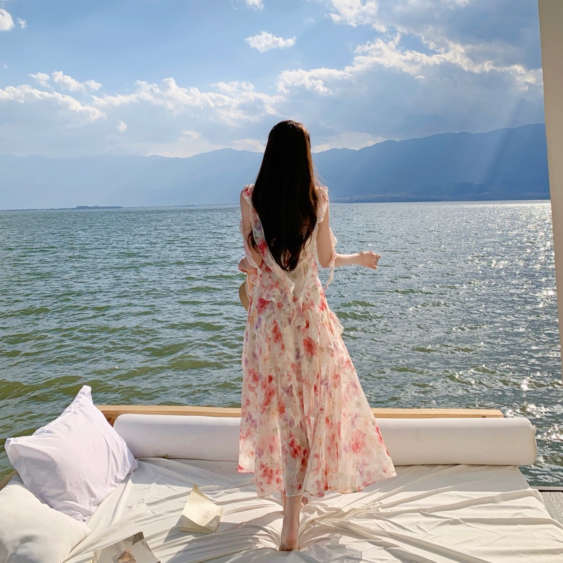 French Vacation Pink Oil Painting Floral Maxi Dress for Women Summer Sleeveless Chiffon Dress - Image 2