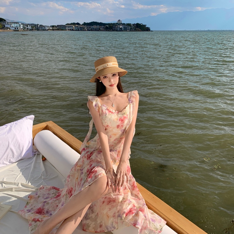 French Vacation Pink Oil Painting Floral Maxi Dress for Women Summer Sleeveless Chiffon Dress - Image 3