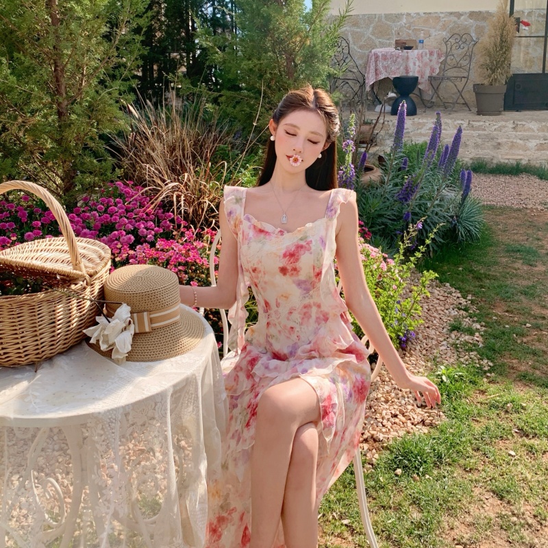 French Vacation Pink Oil Painting Floral Maxi Dress for Women Summer Sleeveless Chiffon Dress - Image 4