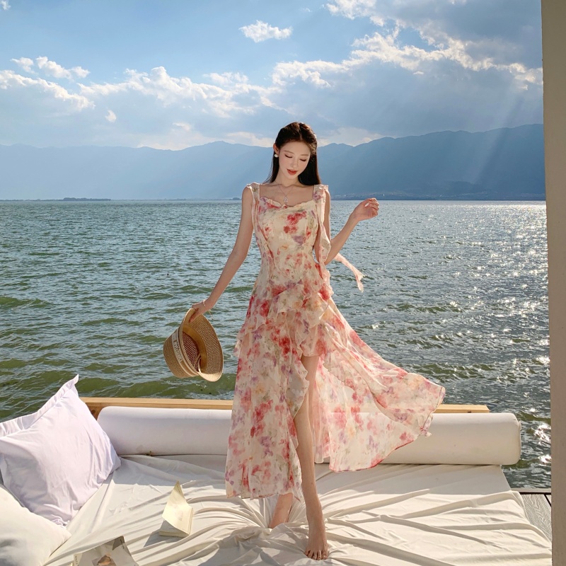 French Vacation Pink Oil Painting Floral Maxi Dress for Women Summer Sleeveless Chiffon Dress - Image 5