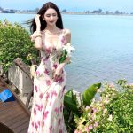 2026 Retro Vacation Print Dress Women Summer V-Neck Waist Cinched Romantic Long Dress