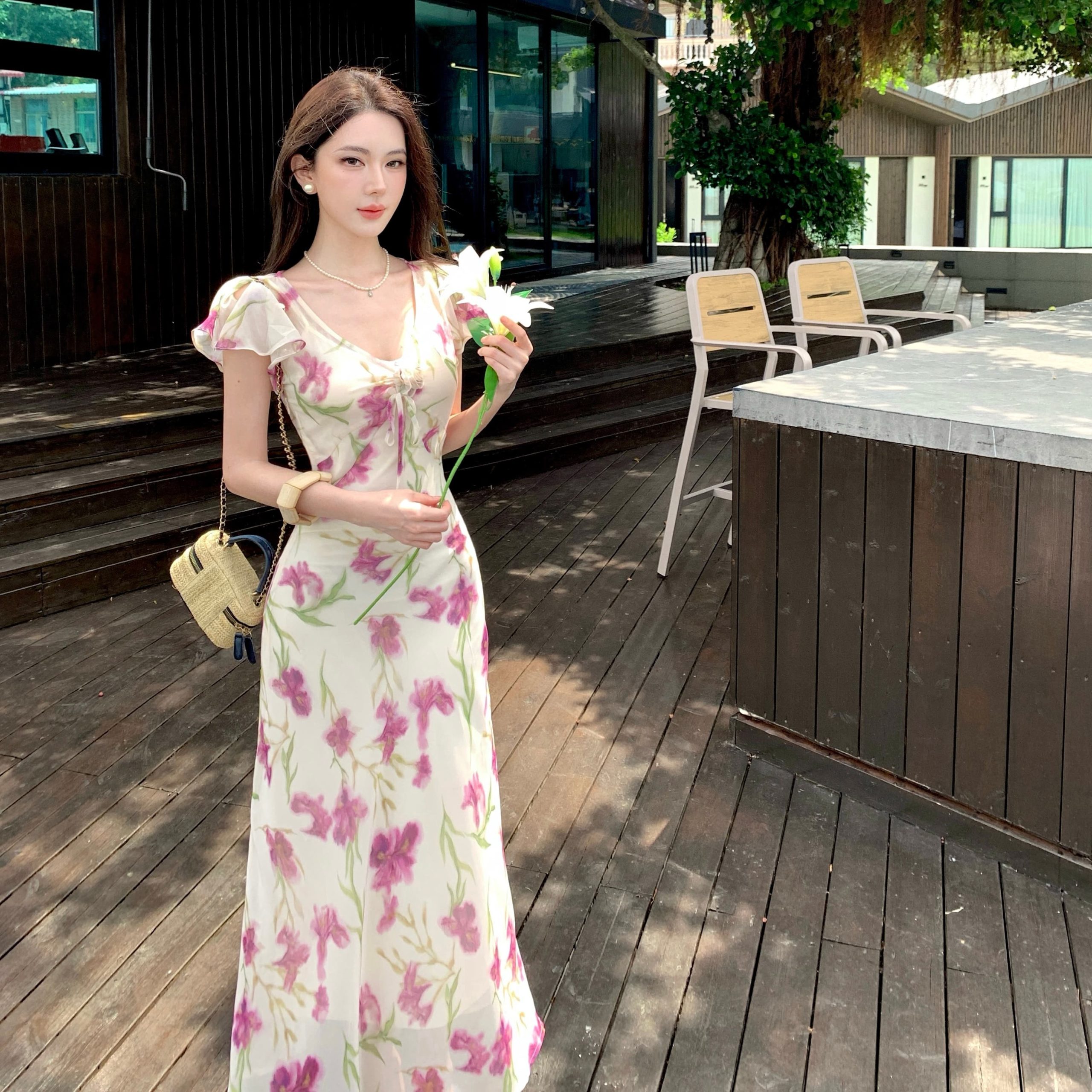 2026 Retro Vacation Print Dress Women Summer V-Neck Waist Cinched Romantic Long Dress - Image 3