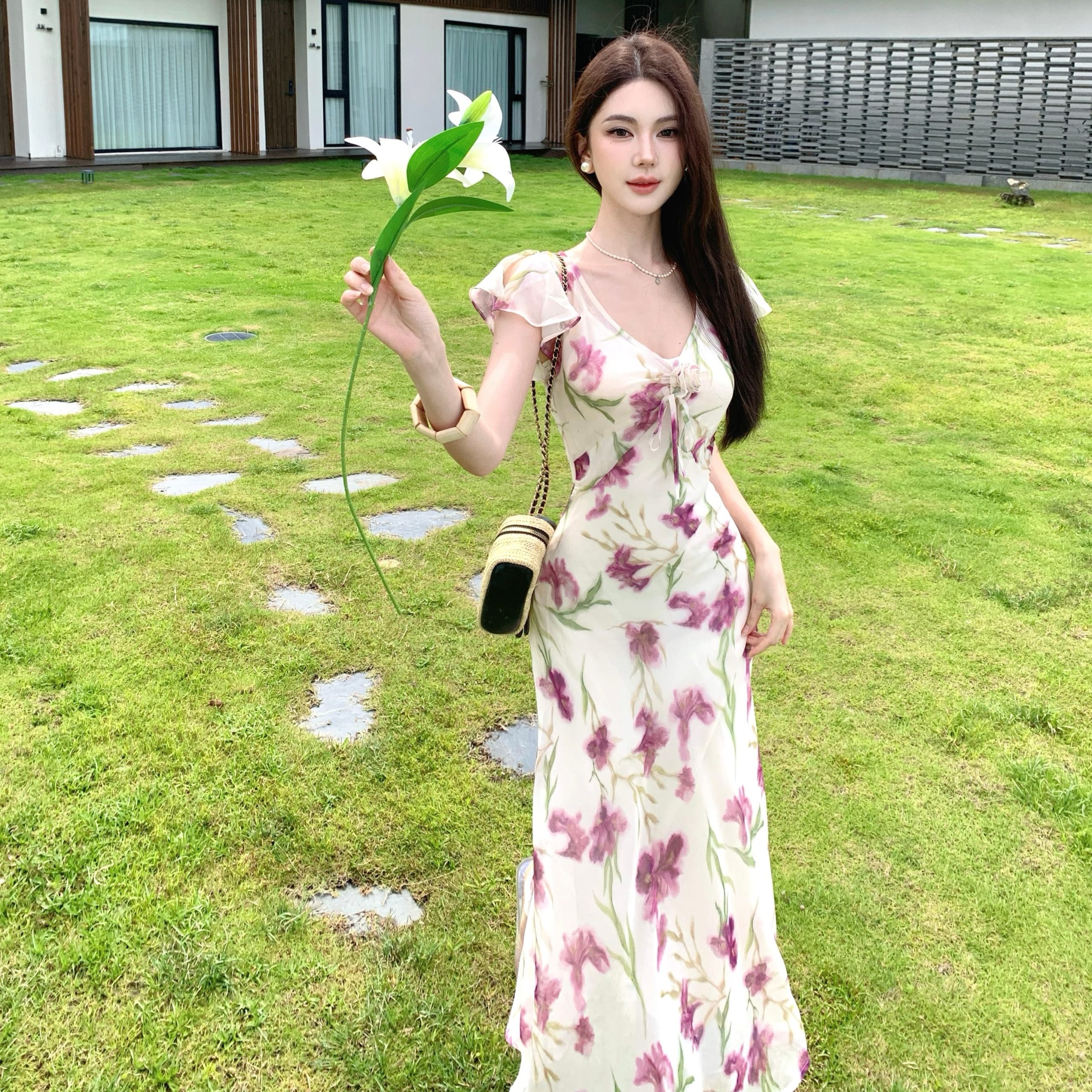 2026 Retro Vacation Print Dress Women Summer V-Neck Waist Cinched Romantic Long Dress - Image 5