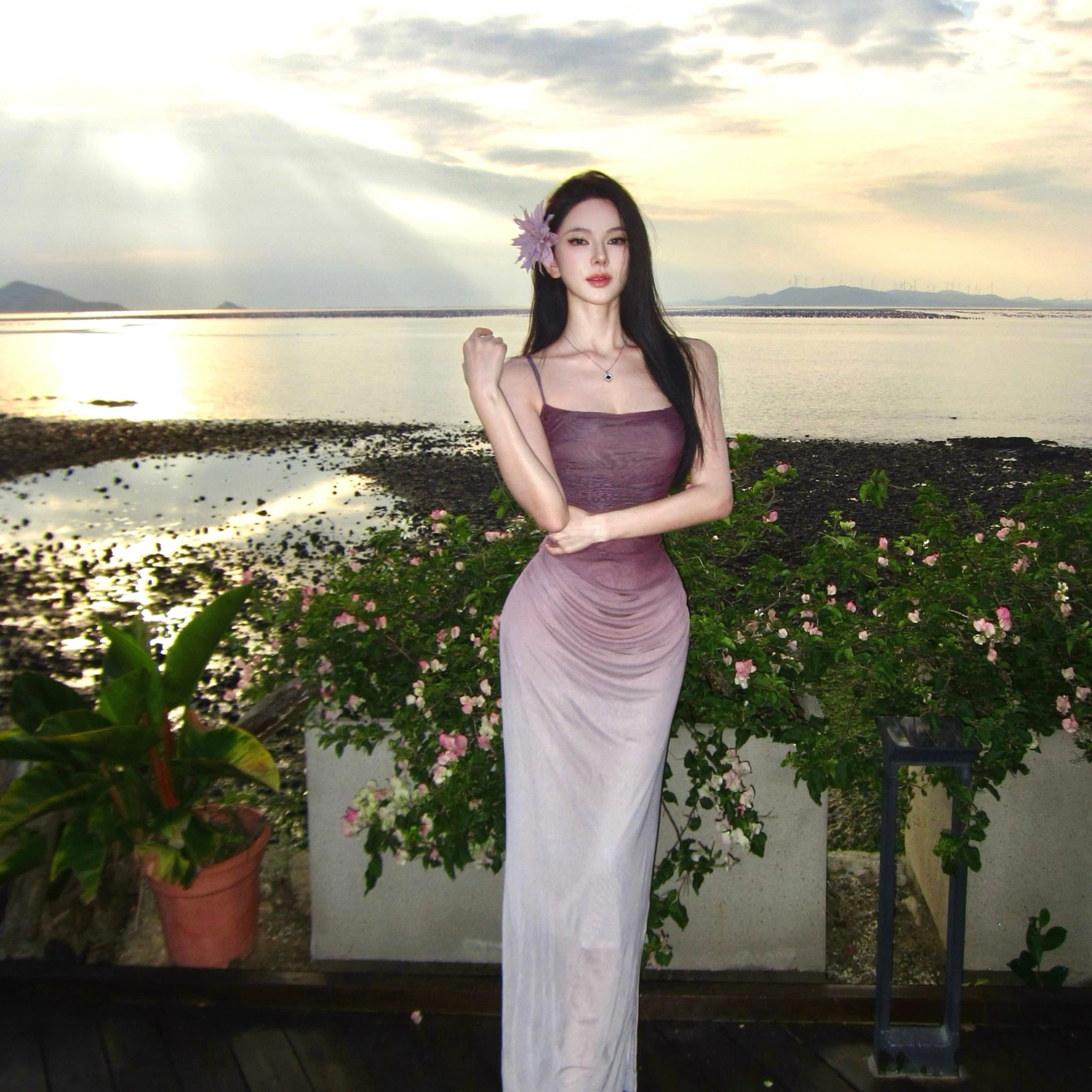 Purple Gradient Mesh Cami Dress Women's Sexy Slim Bodycon Long Gown - Image 3