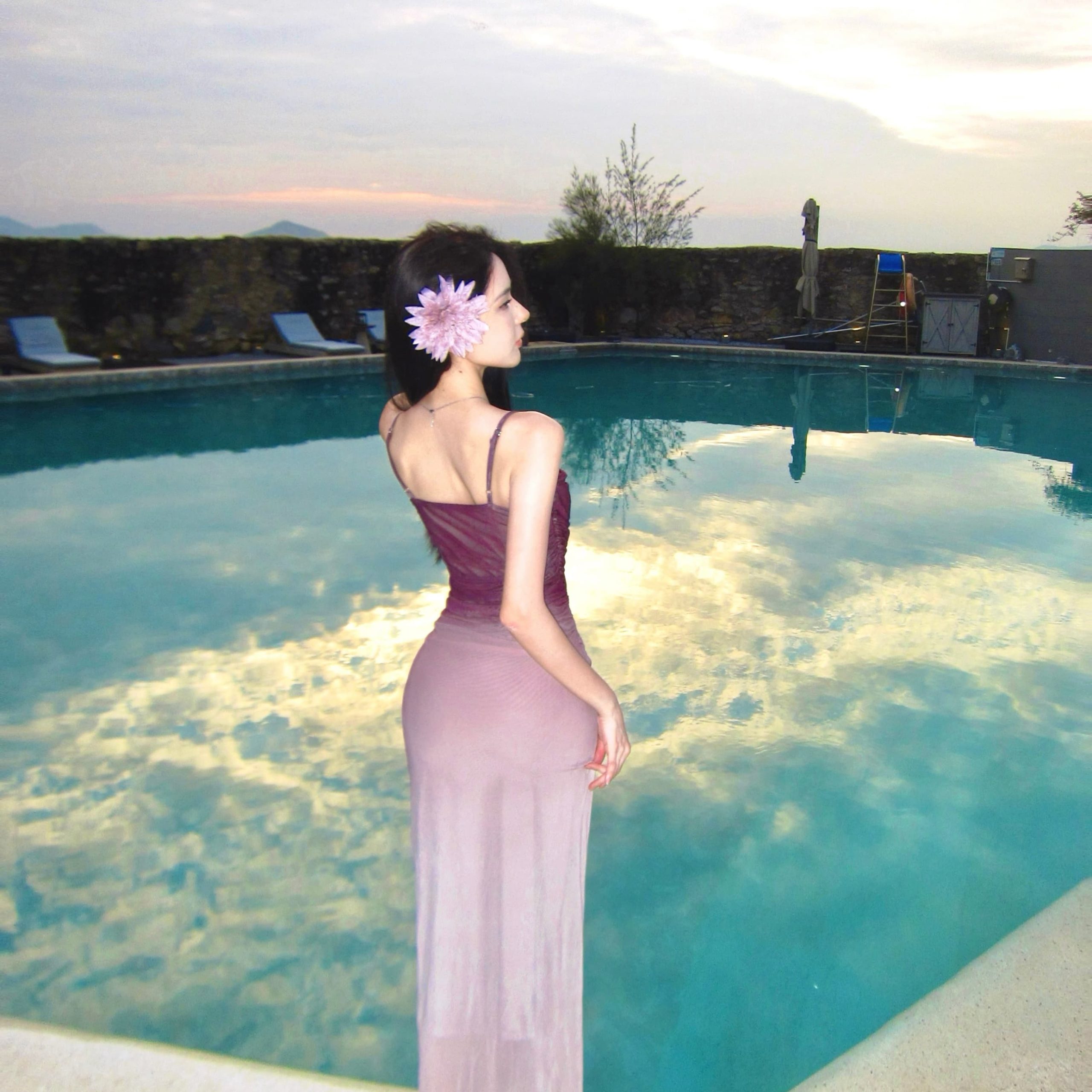 Purple Gradient Mesh Cami Dress Women's Sexy Slim Bodycon Long Gown - Image 2