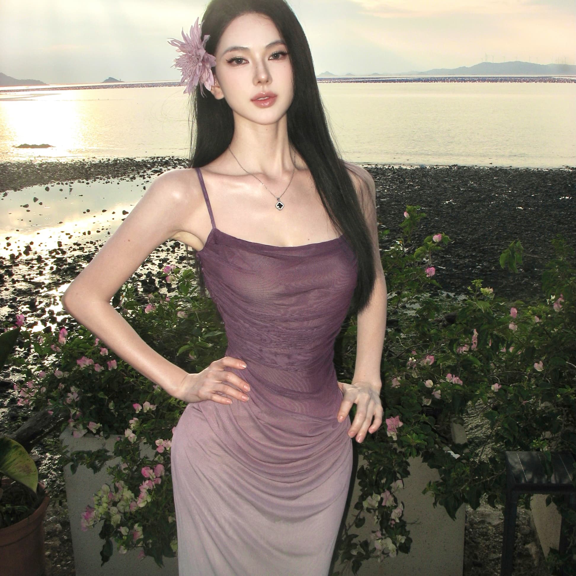 Purple Gradient Mesh Cami Dress Women's Sexy Slim Bodycon Long Gown - Image 4